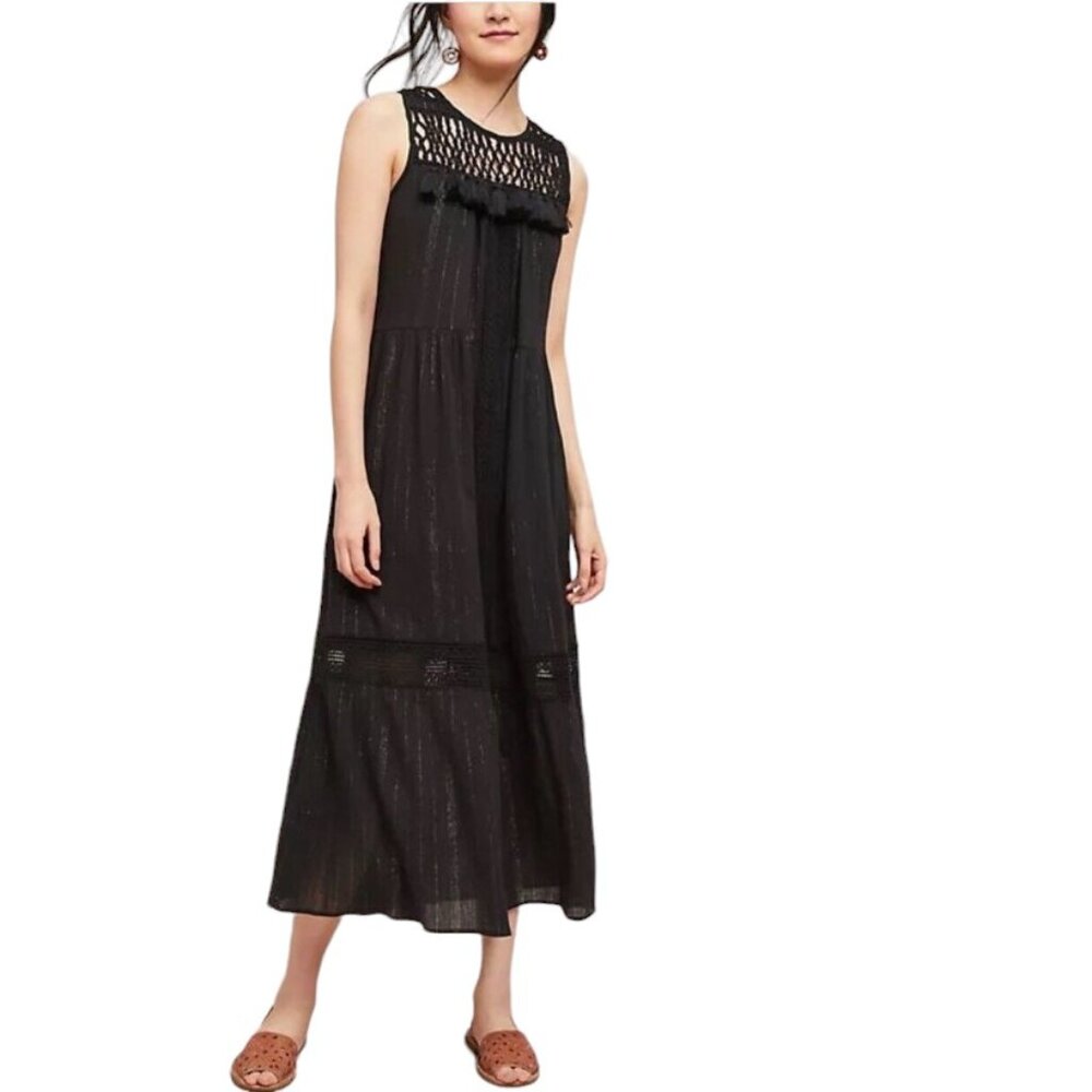 EUC Anthropologie | Maeve Black Gold Lurex Crochet Bohemian Maxi Dress